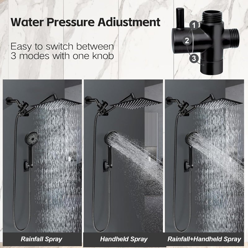 Yurnomy Shower Head, 8 inch Multifunction High Pressure Rain Shower Head with Handheld Spray Combo with 11'' Angle Adjustable Extension Arm/Flow Regulator/Shower System Matte Black - Image 3